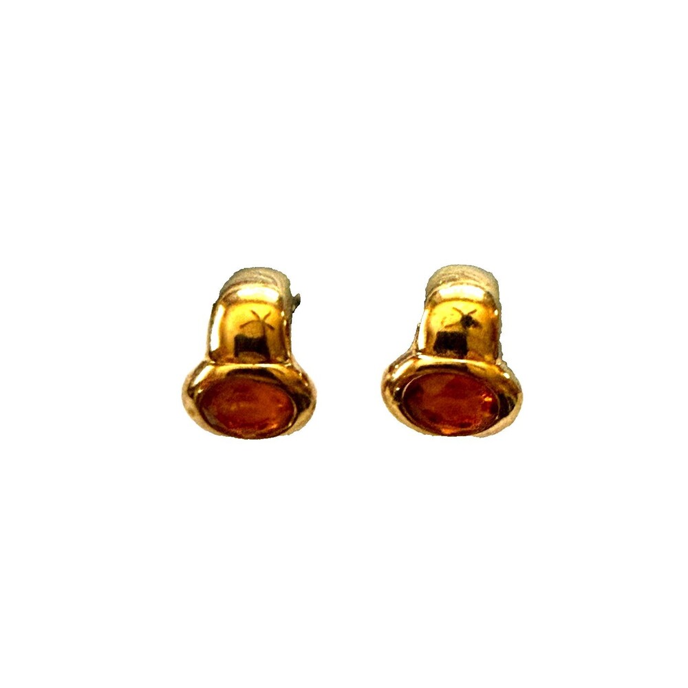 Vintage Swarovski Clip-on Earrings Amber Faceted Crystal, Signed Goldtone Huggie